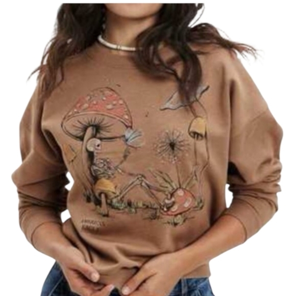 American Eagle Outfitters Tops - American Eagle Outfitters Tan Crewneck Sweatshirt Skeletons With Mushrooms Sz M